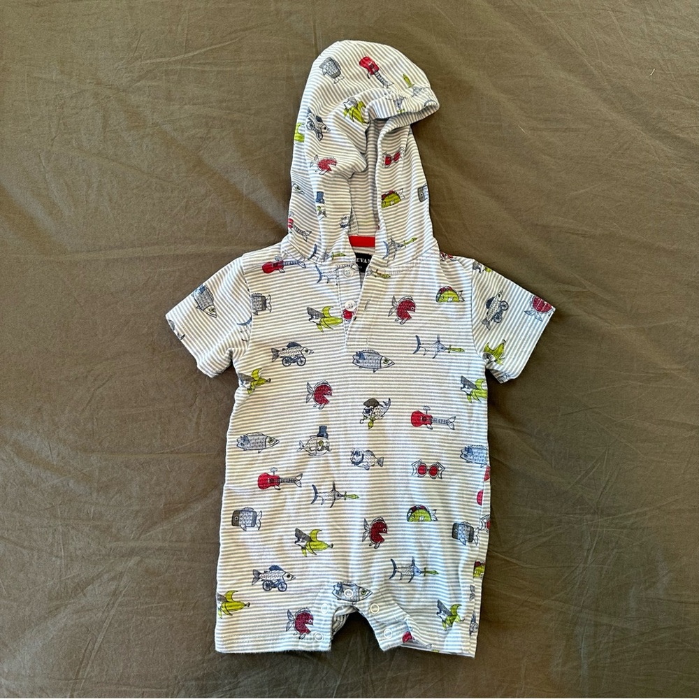 Striped Hooded Baby Romper with Animal Print